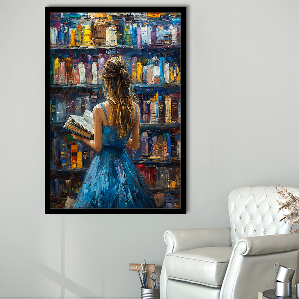 The Girl Reading Book In The Library Painting, Framed Picture Print,, Framed Art Prints Wall Decor