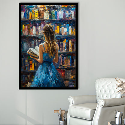 The Girl Reading Book In The Library Painting, Framed Picture Print,, Framed Art Prints Wall Decor