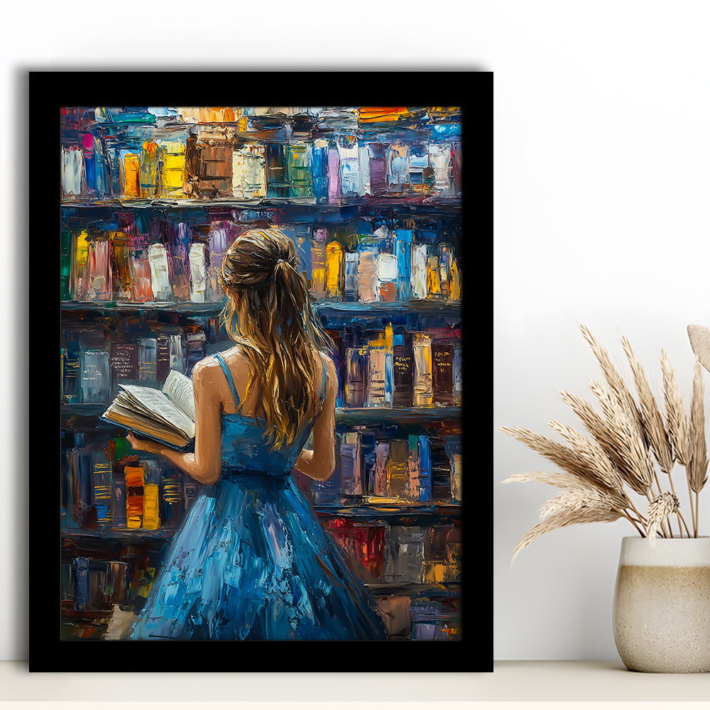 The Girl Reading Book In The Library Painting, Framed Picture Print,, Framed Art Prints Wall Decor