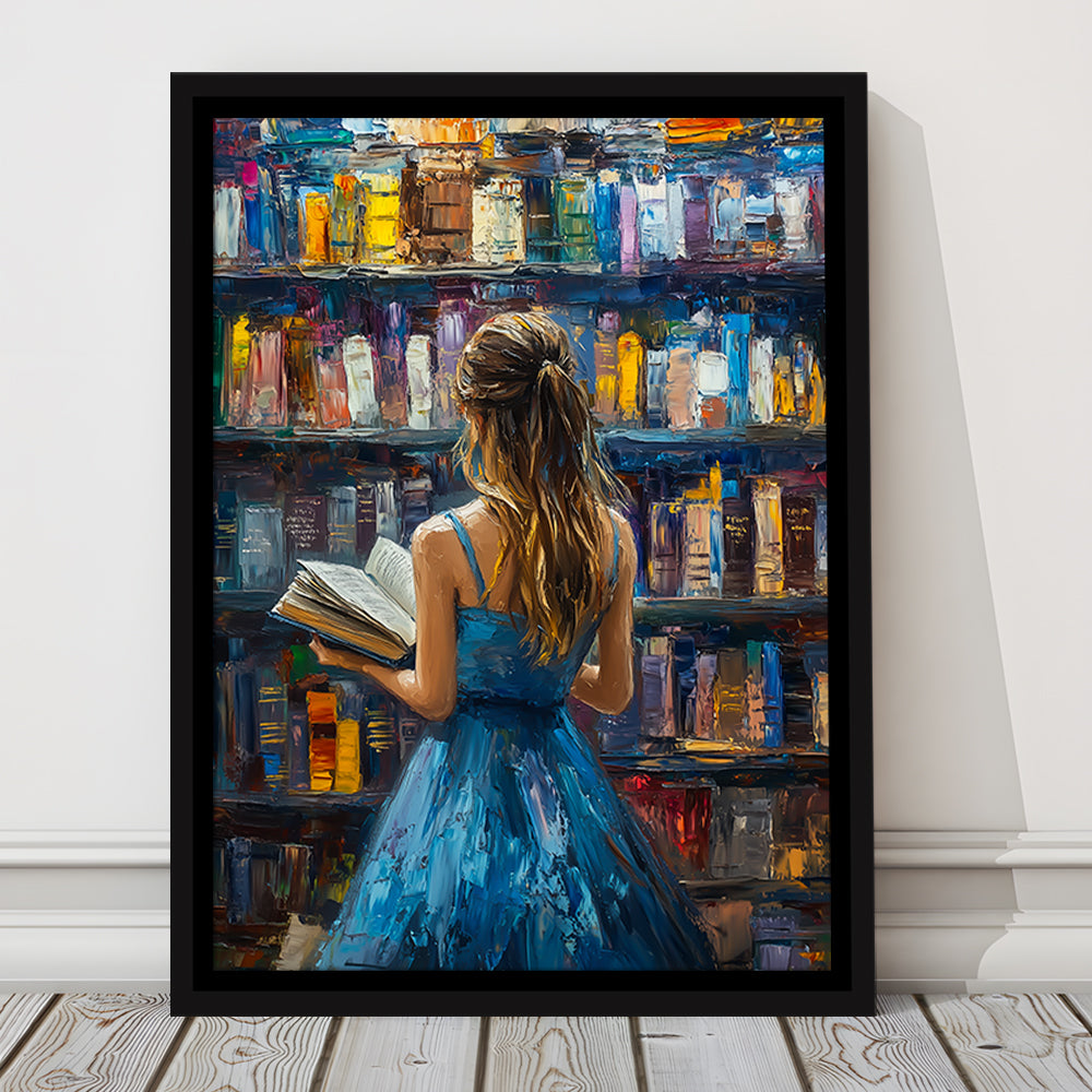 The Girl Reading Book In The Library Painting, Floating Framed Canvas Art Print,, Framed Canvas Prints Wall Art