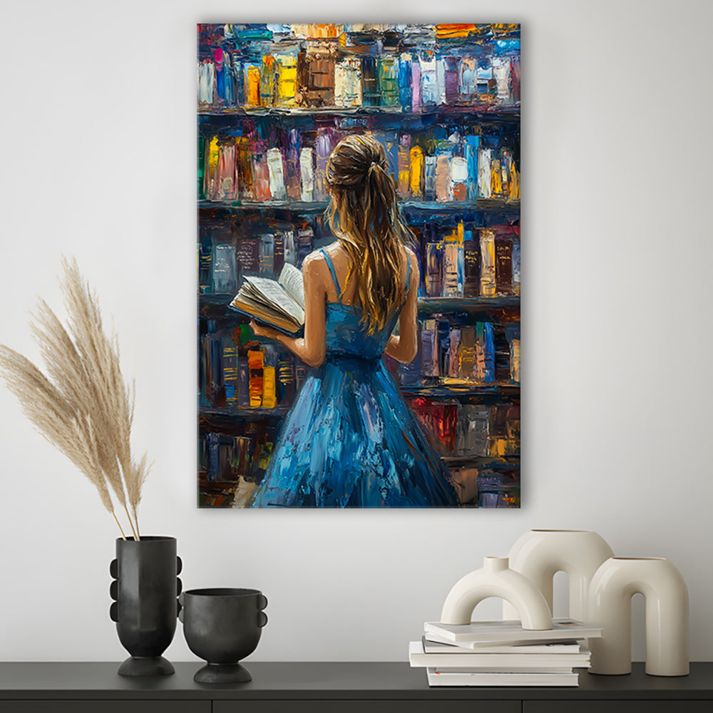 The Girl Reading Book In The Library Painting, Canvas Art Print Decor, Painting Art, Canvas Prints Wall Art
