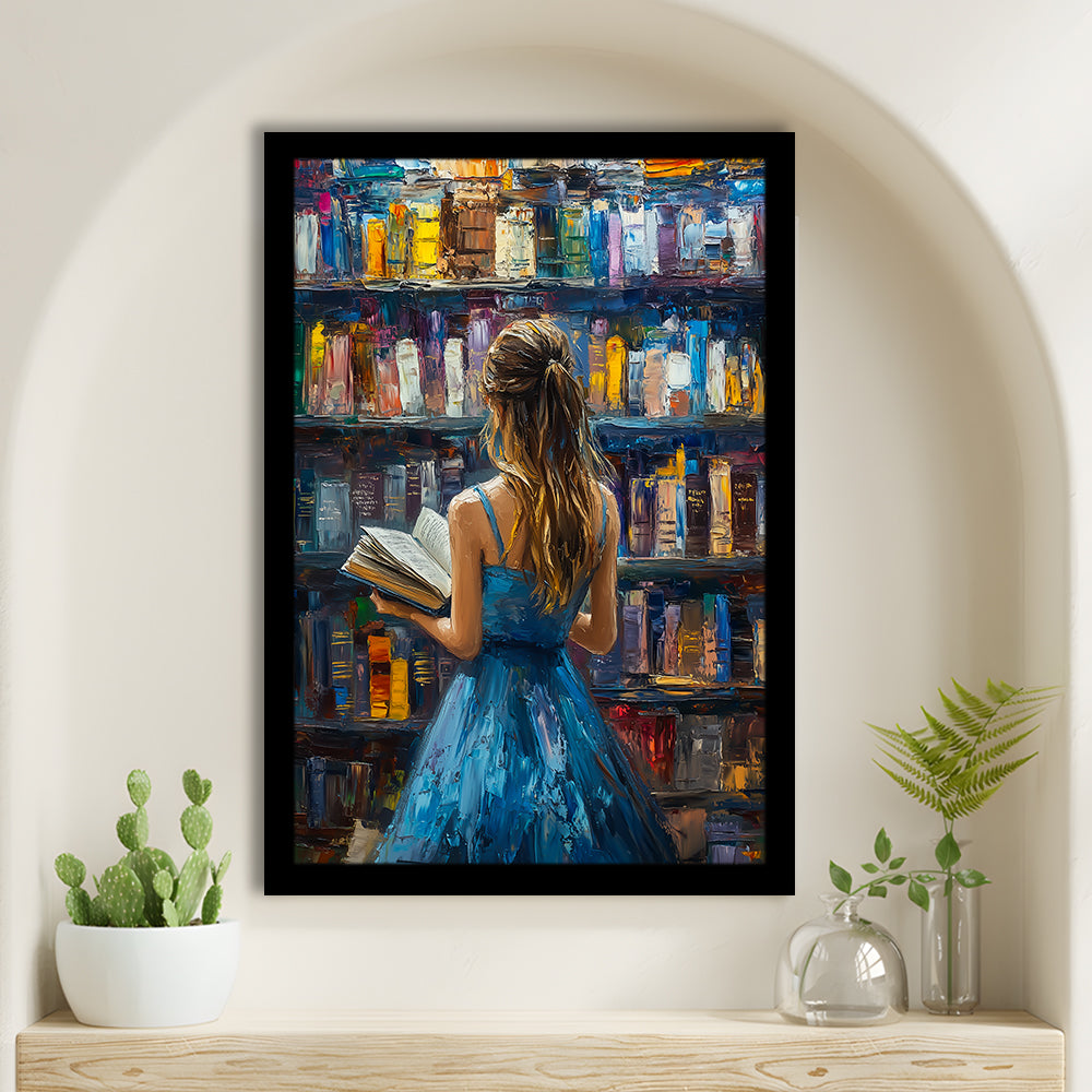 The Girl Reading Book In The Library Painting, Framed Picture Print,, Framed Art Prints Wall Decor