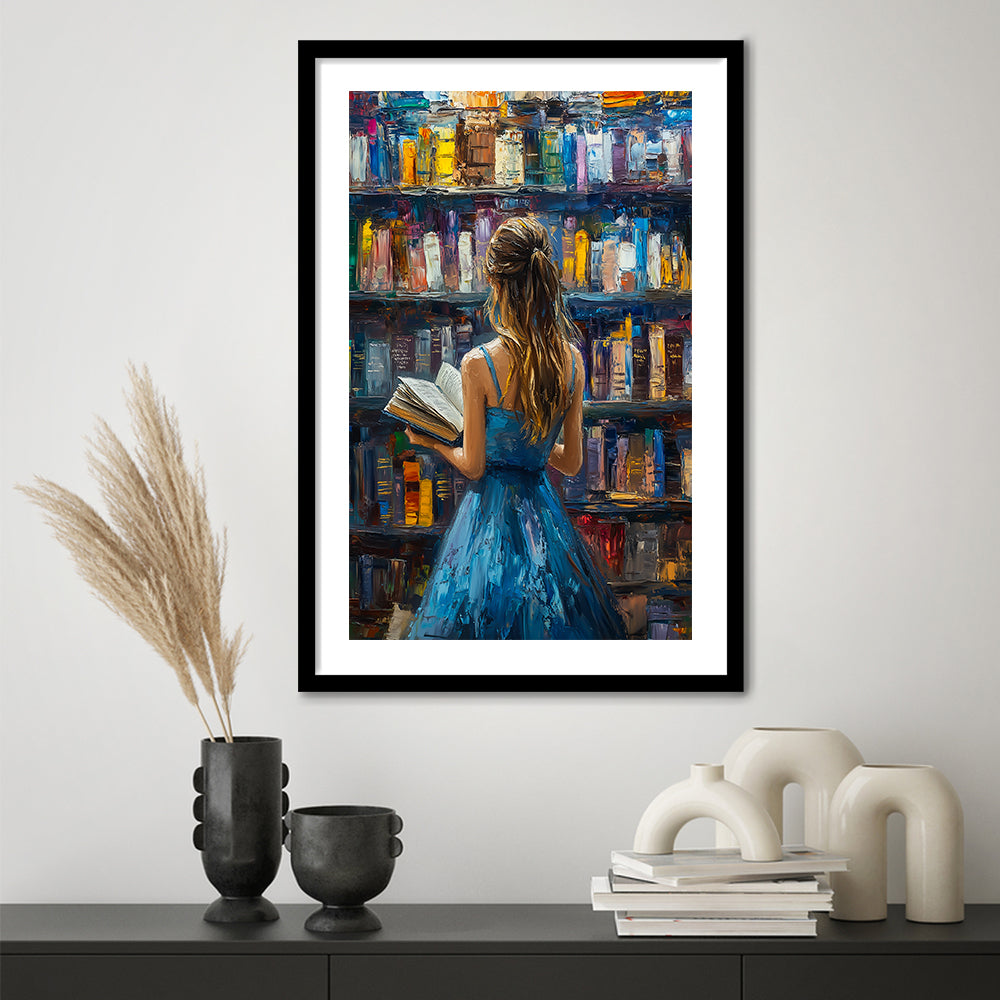 The Girl Reading Book In The Library Painting, Framed Picture Print, Framed Art Prints White Border Wall Decor