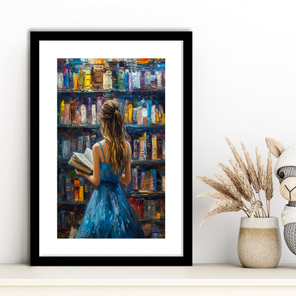 The Girl Reading Book In The Library Painting, Framed Picture Print, Framed Art Prints White Border Wall Decor