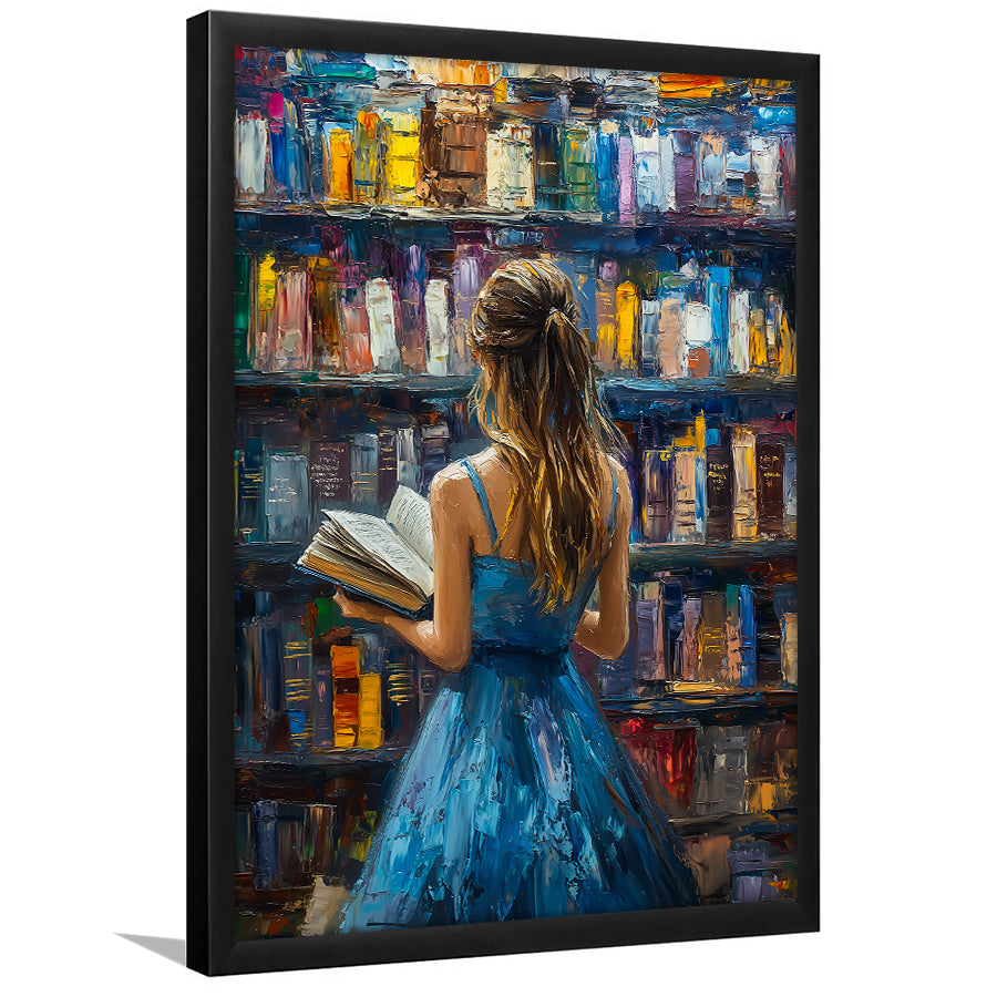 The Girl Reading Book In The Library Painting, Framed Picture Print,, Framed Art Prints Wall Decor