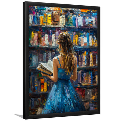 The Girl Reading Book In The Library Painting, Framed Picture Print,, Framed Art Prints Wall Decor