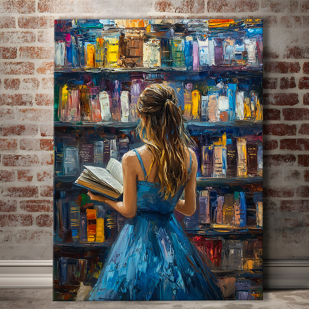 The Girl Reading Book In The Library Painting, Canvas Art Print Decor, Painting Art, Canvas Prints Wall Art