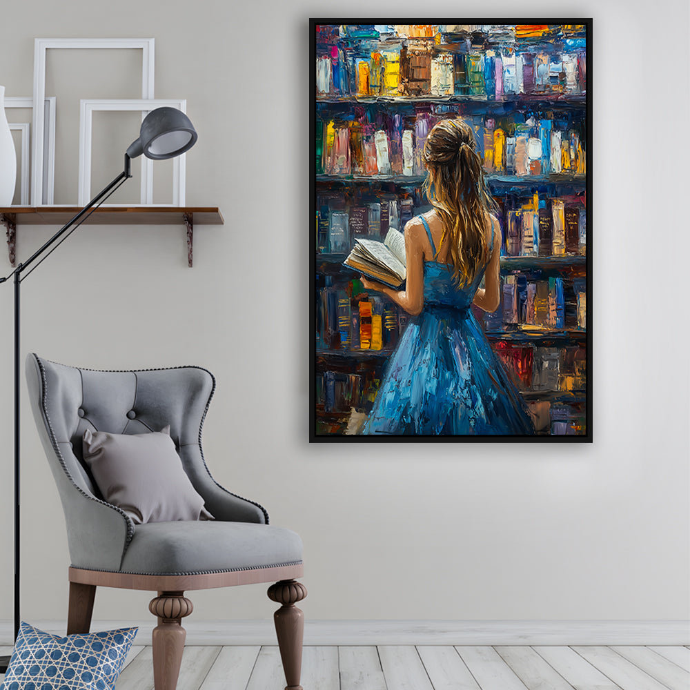 The Girl Reading Book In The Library Painting, Floating Framed Canvas Art Print,, Framed Canvas Prints Wall Art