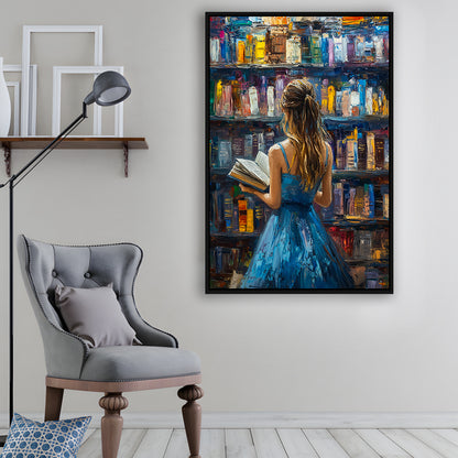 The Girl Reading Book In The Library Painting, Floating Framed Canvas Art Print,, Framed Canvas Prints Wall Art