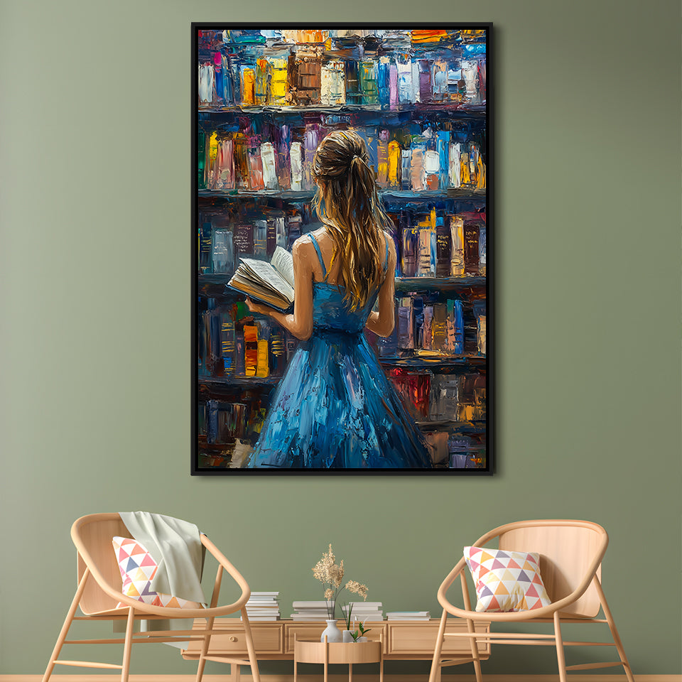 The Girl Reading Book In The Library Painting, Floating Framed Canvas Art Print,, Framed Canvas Prints Wall Art