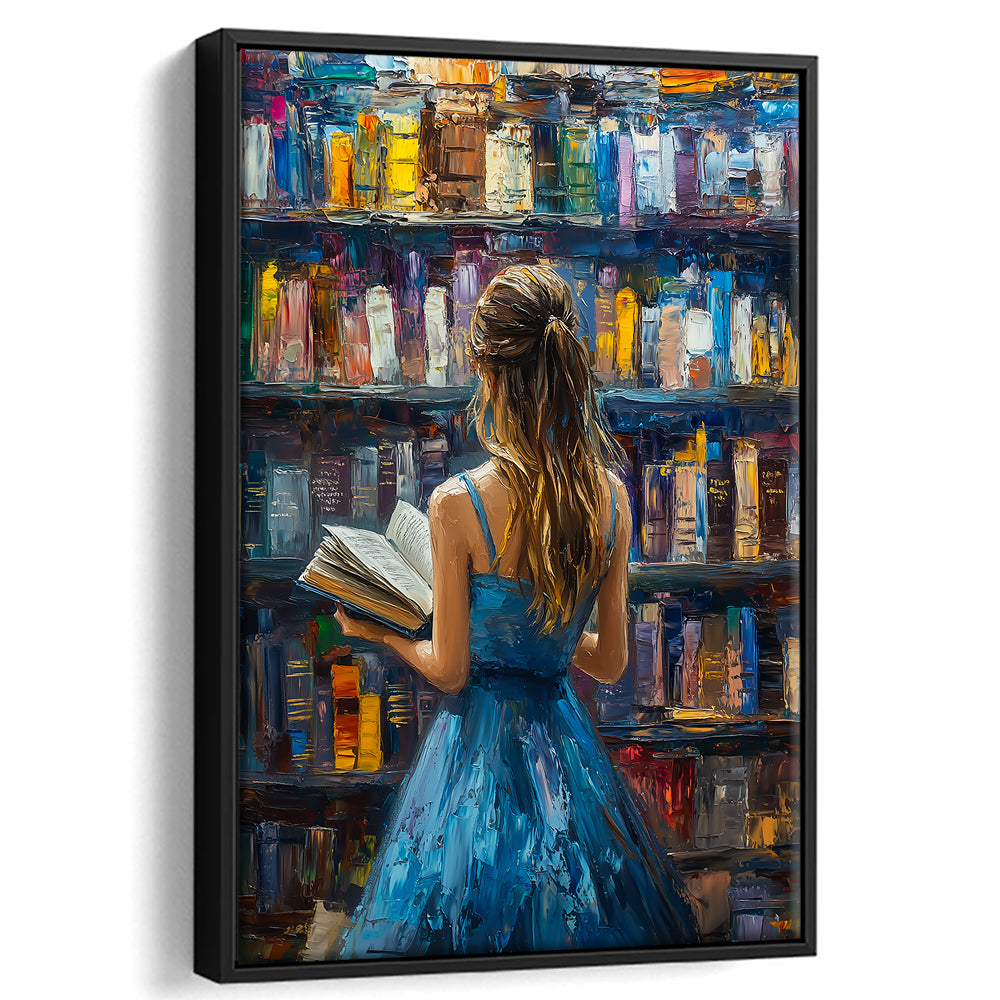 The Girl Reading Book In The Library Painting, Floating Framed Canvas Art Print,, Framed Canvas Prints Wall Art