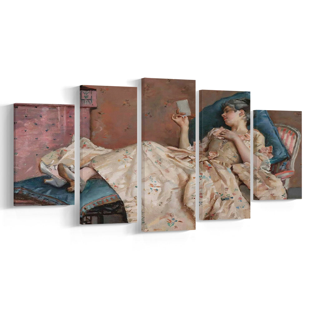 The Letter Vintage Woman Art Print Vintage Painting Antique Art, 5 Panel Mixed Canvas Print Wall Art, Large Canvas