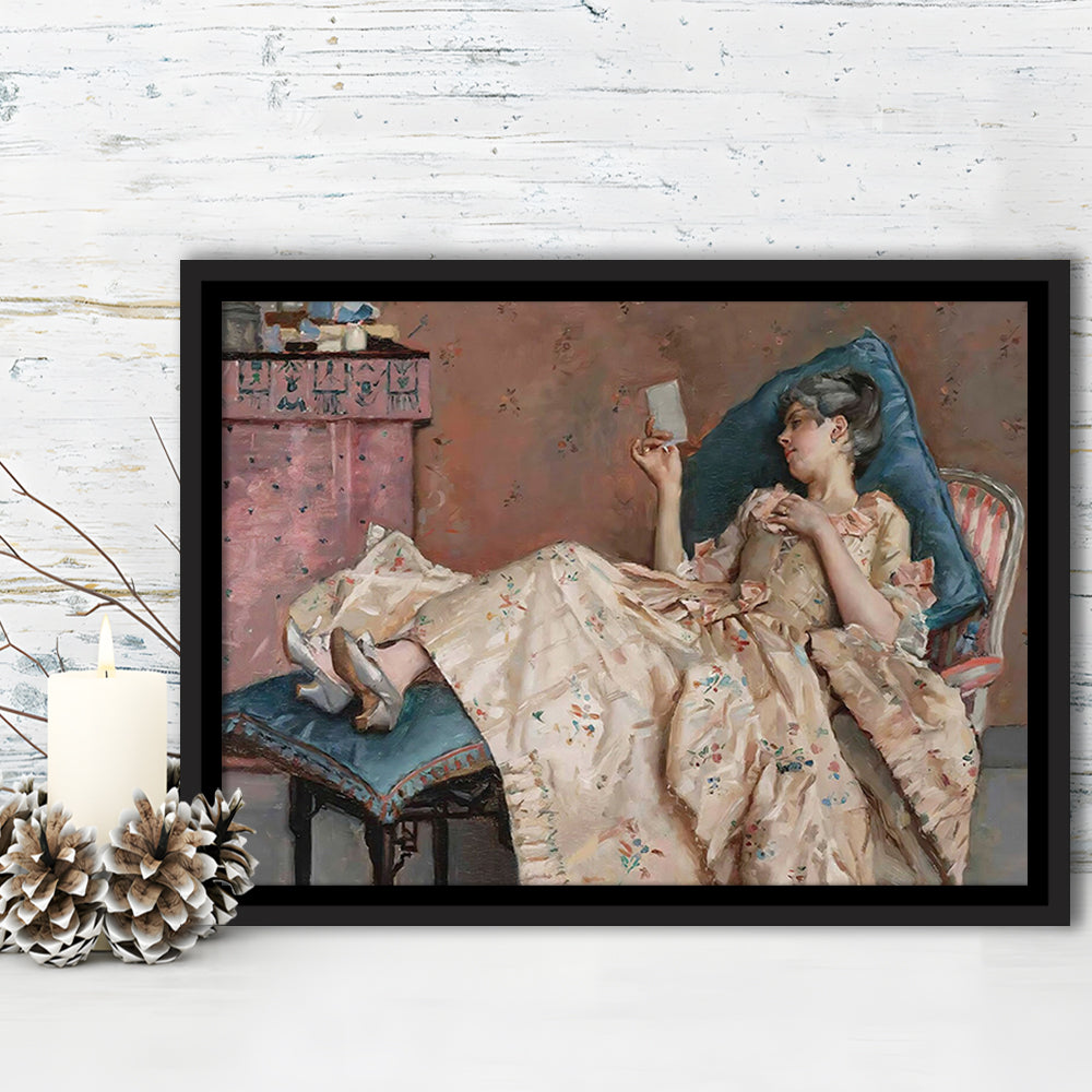 The Letter Vintage Woman Art Print Vintage Painting Antique Art, Framed Canvas Print Wall Art, Floating Frame