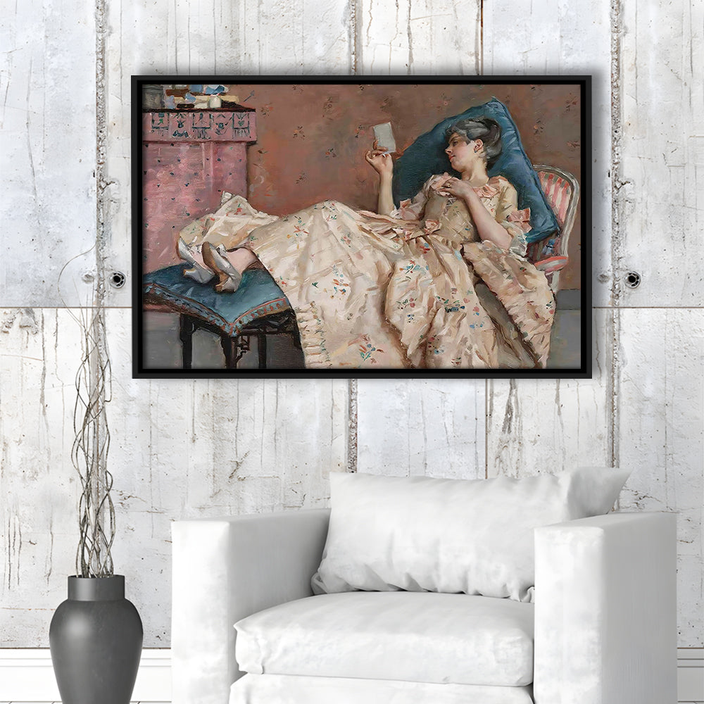 The Letter Vintage Woman Art Print Vintage Painting Antique Art, Framed Canvas Print Wall Art, Floating Frame