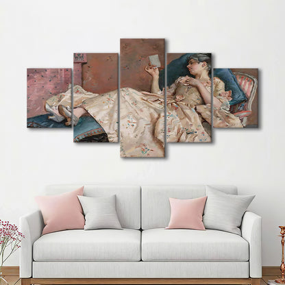 The Letter Vintage Woman Art Print Vintage Painting Antique Art, 5 Panel Mixed Canvas Print Wall Art, Large Canvas