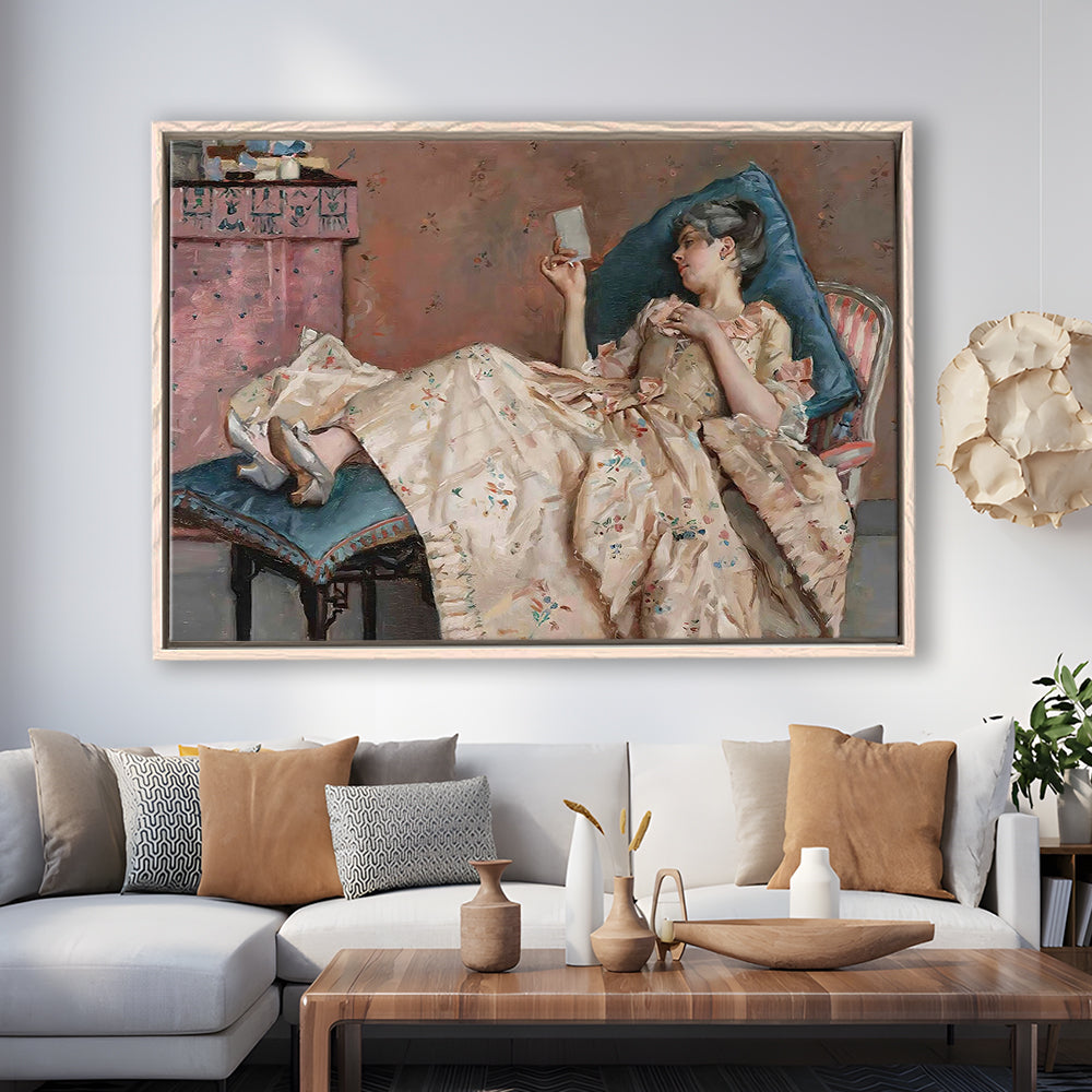 The Letter Vintage Woman Art Print Vintage Painting Antique Art, Framed Canvas Print Wall Art, Floating Frame