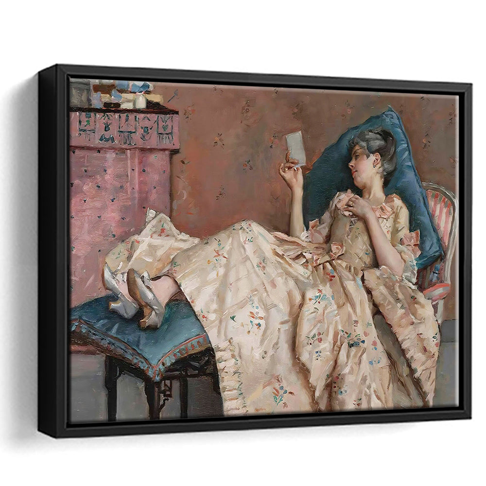 The Letter Vintage Woman Art Print Vintage Painting Antique Art, Framed Canvas Print Wall Art, Floating Frame