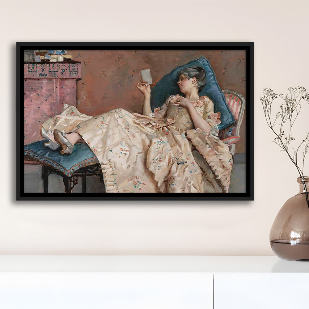 The Letter Vintage Woman Art Print Vintage Painting Antique Art, Framed Canvas Print Wall Art, Floating Frame