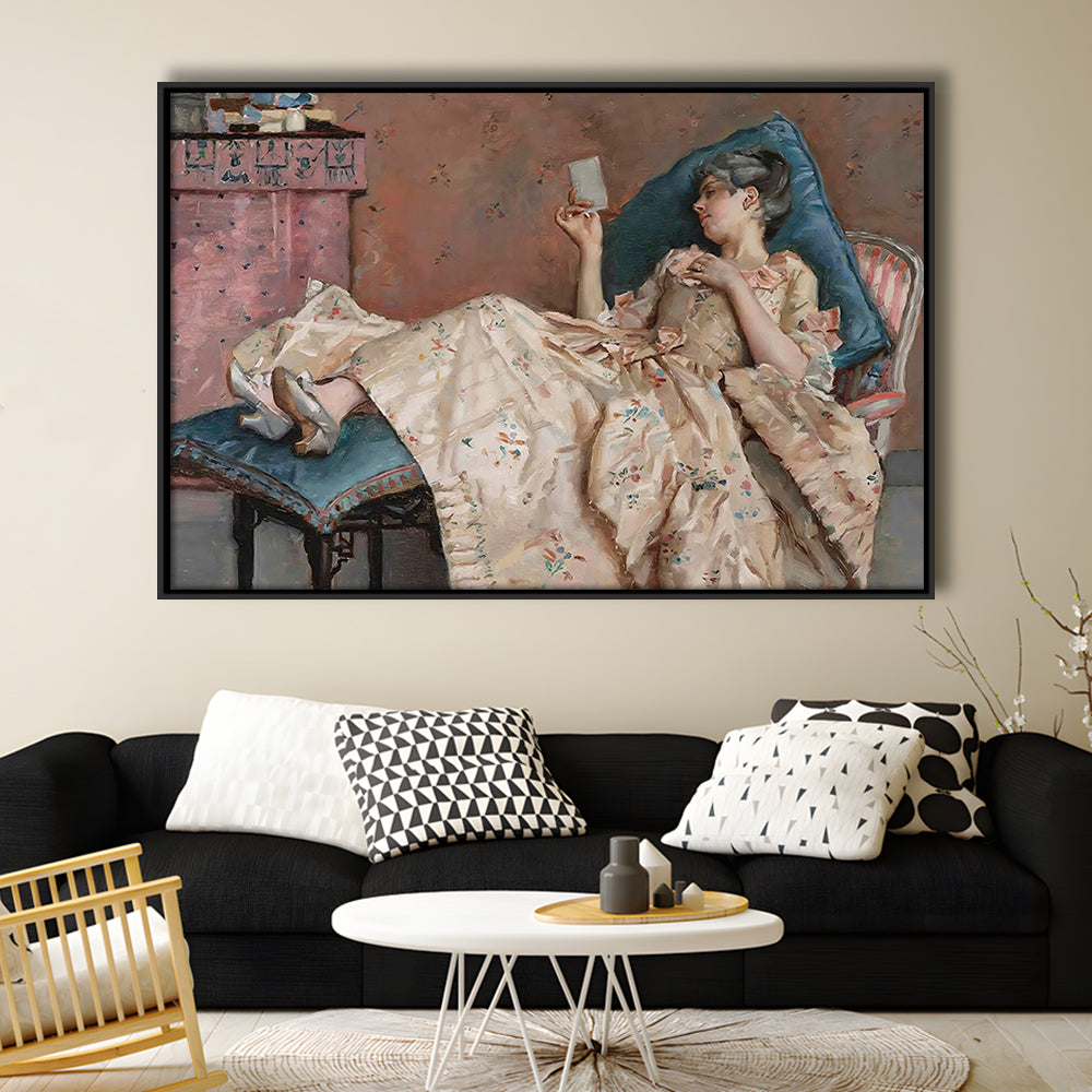 The Letter Vintage Woman Art Print Vintage Painting Antique Art, Framed Canvas Print Wall Art, Floating Frame