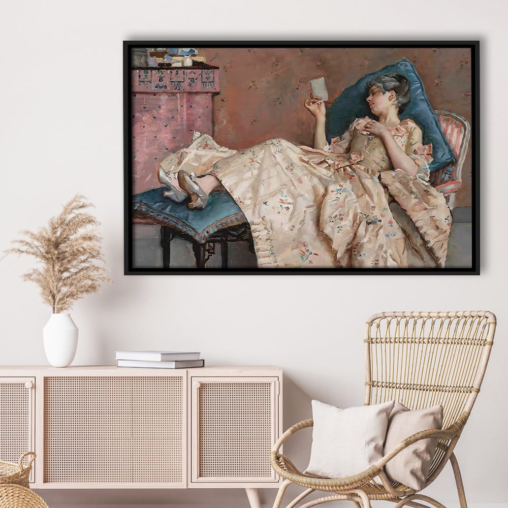 The Letter Vintage Woman Art Print Vintage Painting Antique Art, Framed Canvas Print Wall Art, Floating Frame