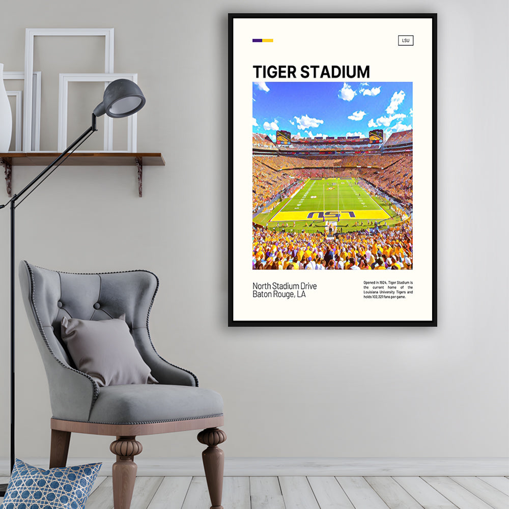 Tiger Stadium Print, LSU Tigers Football Stadium Canvas Art Art, Man Cave Gift, Floating Framed Canvas Print Wall Art