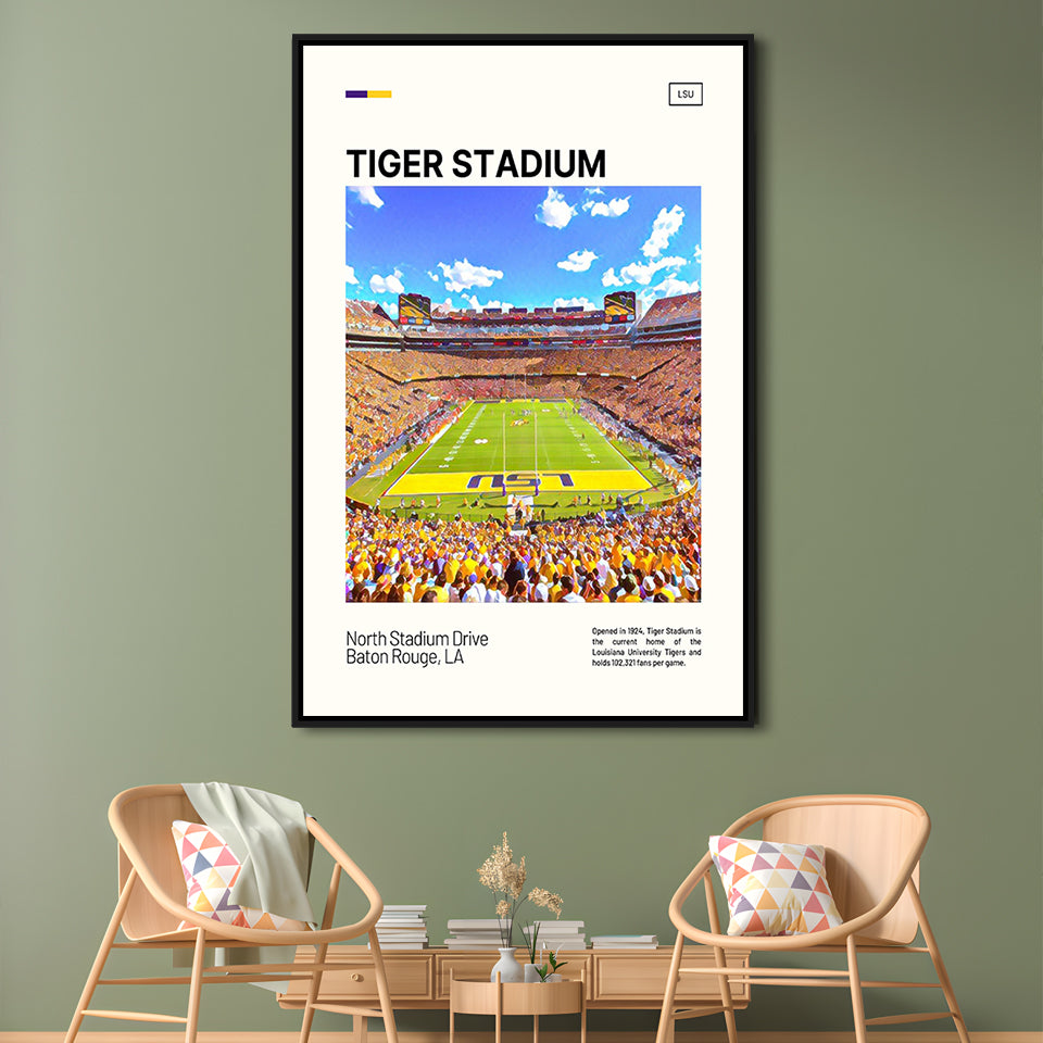 Tiger Stadium Print, LSU Tigers Football Stadium Canvas Art Art, Man Cave Gift, Floating Framed Canvas Print Wall Art