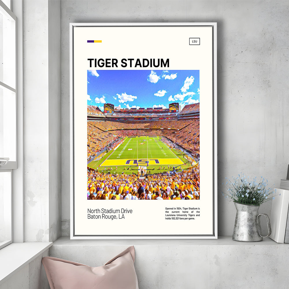 Tiger Stadium Print, LSU Tigers Football Stadium Canvas Art Art, Man Cave Gift, Floating Framed Canvas Print Wall Art