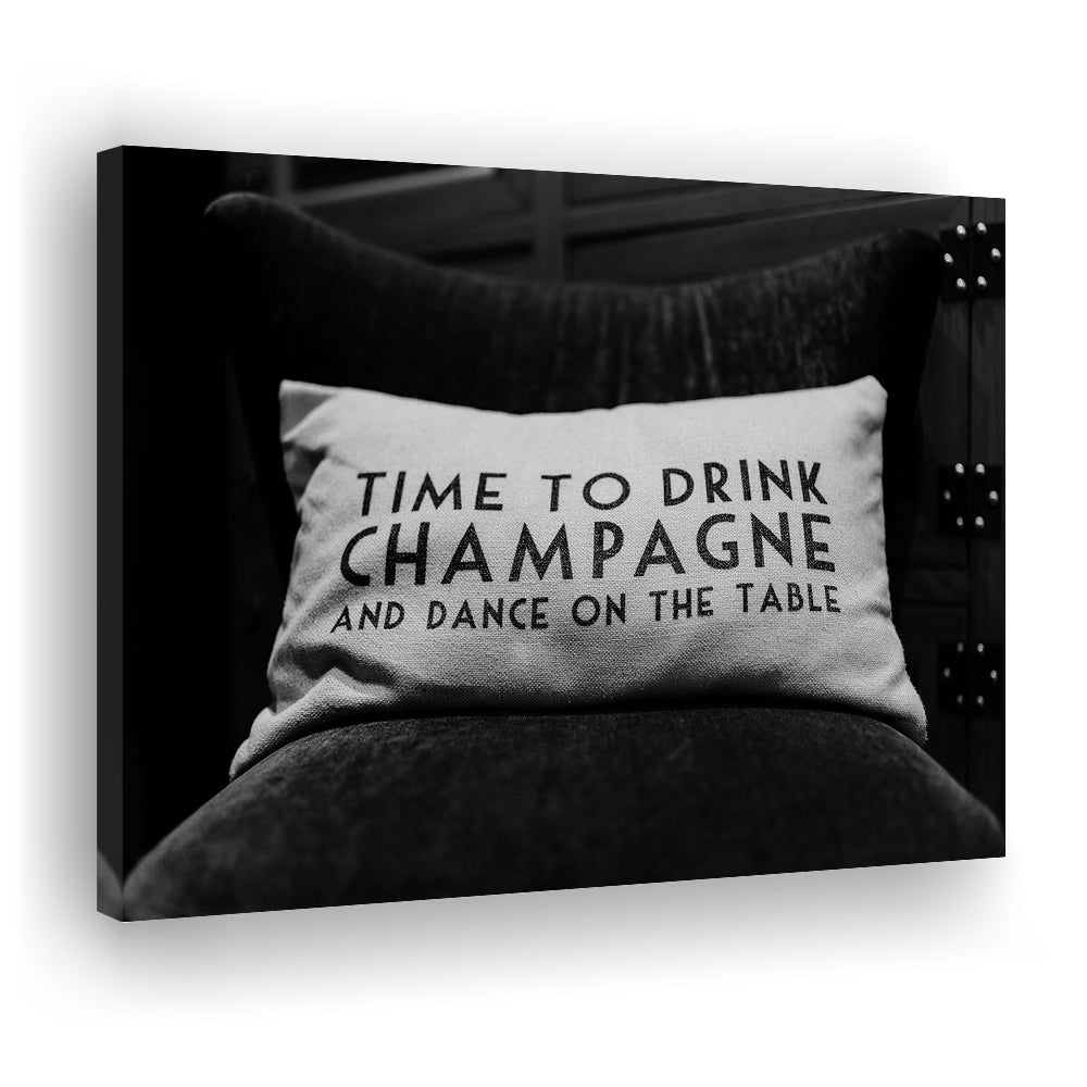 Time To Drink Champagne Canvas Print Wall Art, Black and White Print, Retro Party Funny Alcohol Wall Decor
