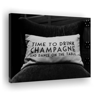 Time To Drink Champagne Canvas Print Wall Art, Black and White Print, Retro Party Funny Alcohol Wall Decor