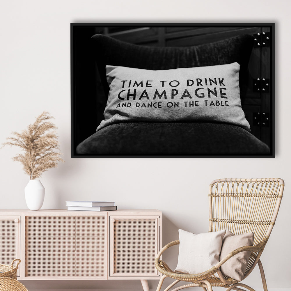 Time To Drink Champagne Framed Canvas Print Wall Art, Black and White Print, Retro Party Funny Alcohol Wall Decor
