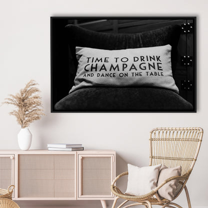 Time To Drink Champagne Framed Canvas Print Wall Art, Black and White Print, Retro Party Funny Alcohol Wall Decor