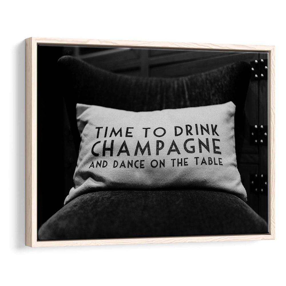 Time To Drink Champagne Framed Canvas Print Wall Art, Black and White Print, Retro Party Funny Alcohol Wall Decor