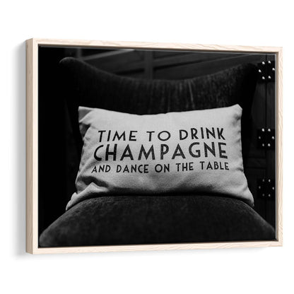 Time To Drink Champagne Framed Canvas Print Wall Art, Black and White Print, Retro Party Funny Alcohol Wall Decor