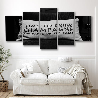Time To Drink Champagne Mixed Canvas Print Wall Art, Black and White Print, Retro Party Funny Alcohol Wall Decor