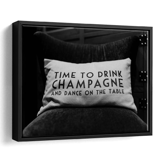 Time To Drink Champagne Framed Canvas Print Wall Art, Black and White Print, Retro Party Funny Alcohol Wall Decor