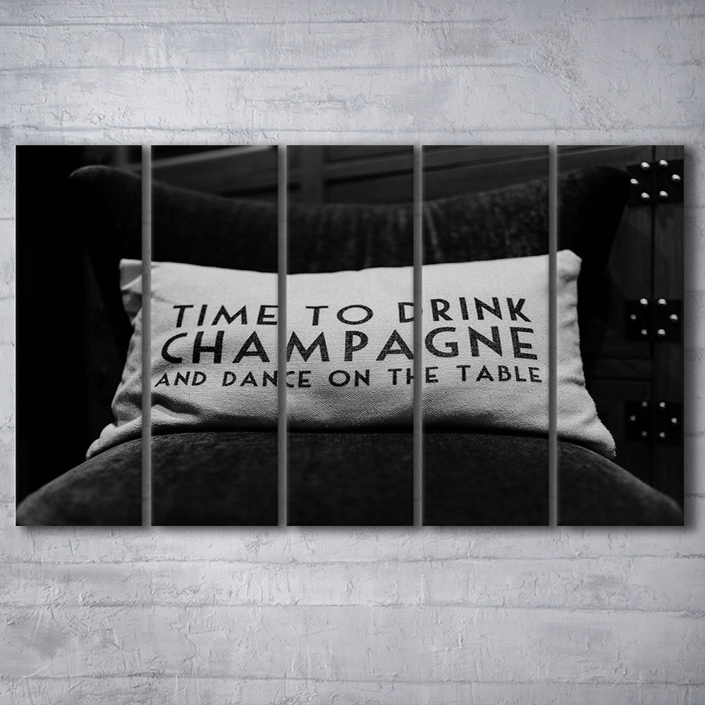 Time To Drink Champagne 5 Panels Canvas Print Wall Art, Black and White Print, Retro Party Funny Alcohol Wall Decor