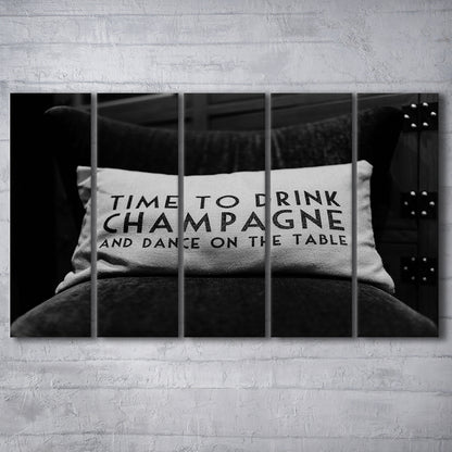 Time To Drink Champagne 5 Panels Canvas Print Wall Art, Black and White Print, Retro Party Funny Alcohol Wall Decor