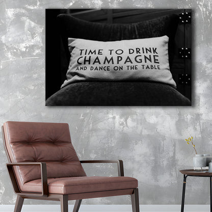 Time To Drink Champagne Canvas Print Wall Art, Black and White Print, Retro Party Funny Alcohol Wall Decor