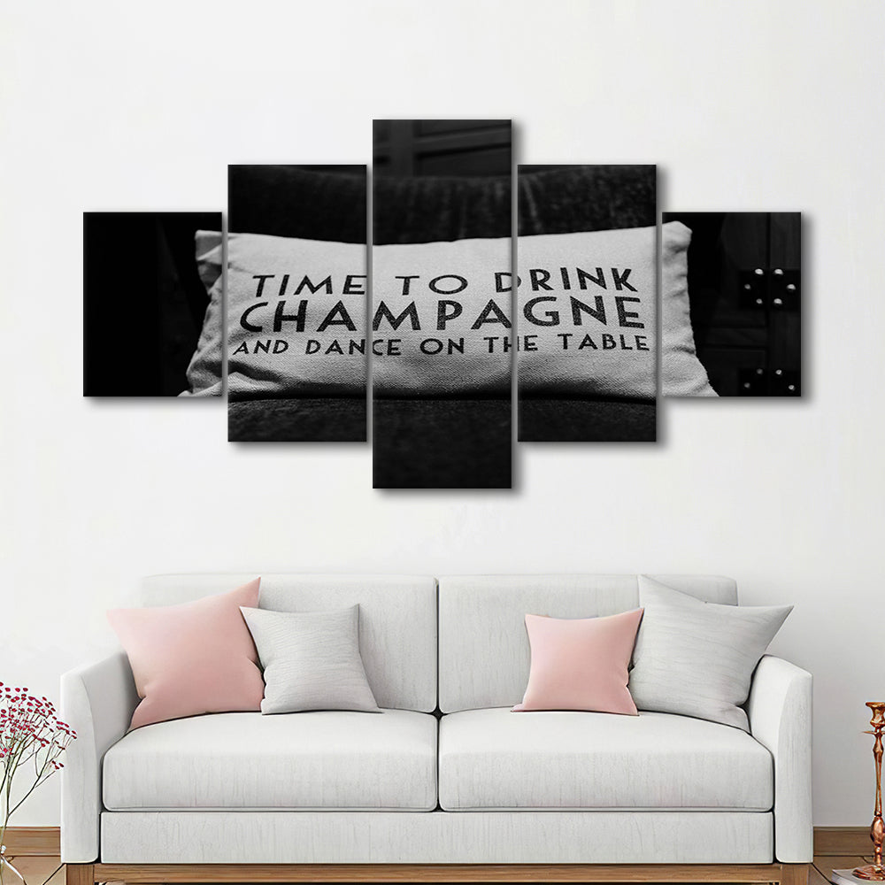 Time To Drink Champagne Mixed Canvas Print Wall Art, Black and White Print, Retro Party Funny Alcohol Wall Decor