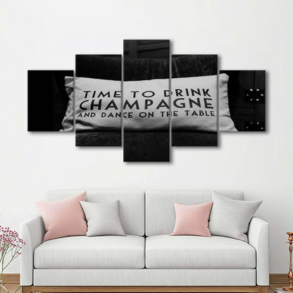 Time To Drink Champagne Mixed Canvas Print Wall Art, Black and White Print, Retro Party Funny Alcohol Wall Decor