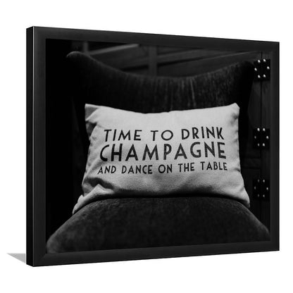 Time To Drink Champagne Framed Art Print Wall Decor, Black and White Print, Retro Party Funny Alcohol Wall Decor