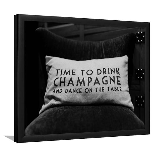 Time To Drink Champagne Framed Art Print Wall Decor, Black and White Print, Retro Party Funny Alcohol Wall Decor