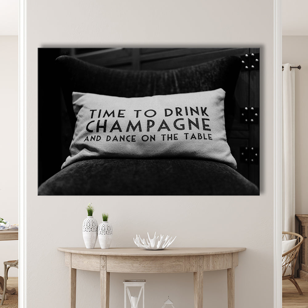 Time To Drink Champagne Canvas Print Wall Art, Black and White Print, Retro Party Funny Alcohol Wall Decor