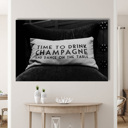 Time To Drink Champagne Canvas Print Wall Art, Black and White Print, Retro Party Funny Alcohol Wall Decor