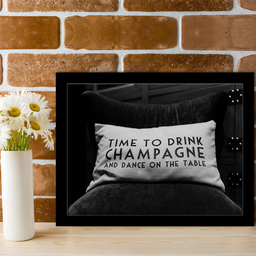 Time To Drink Champagne Framed Art Print Wall Decor, Black and White Print, Retro Party Funny Alcohol Wall Decor