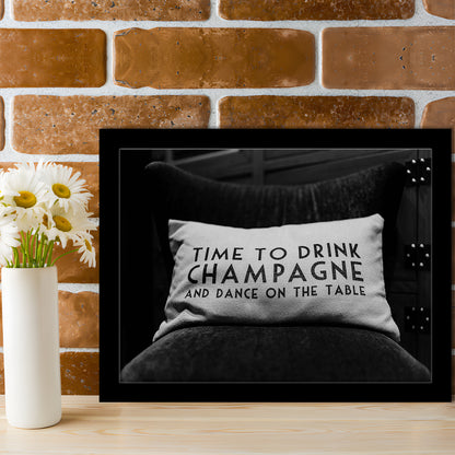 Time To Drink Champagne Framed Art Print Wall Decor, Black and White Print, Retro Party Funny Alcohol Wall Decor
