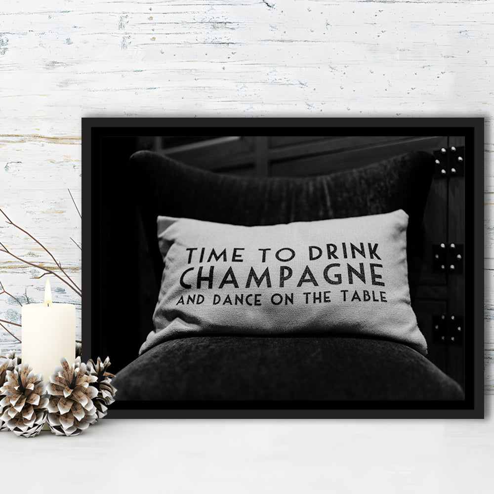 Time To Drink Champagne Framed Canvas Print Wall Art, Black and White Print, Retro Party Funny Alcohol Wall Decor