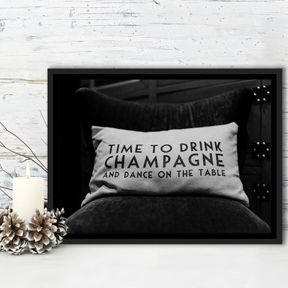 Time To Drink Champagne Framed Canvas Print Wall Art, Black and White Print, Retro Party Funny Alcohol Wall Decor