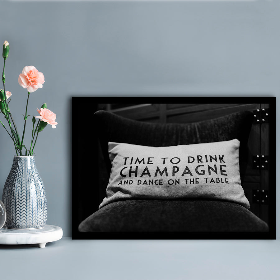 Time To Drink Champagne Framed Art Print Wall Decor, Black and White Print, Retro Party Funny Alcohol Wall Decor