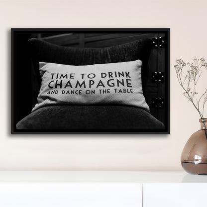 Time To Drink Champagne Framed Canvas Print Wall Art, Black and White Print, Retro Party Funny Alcohol Wall Decor